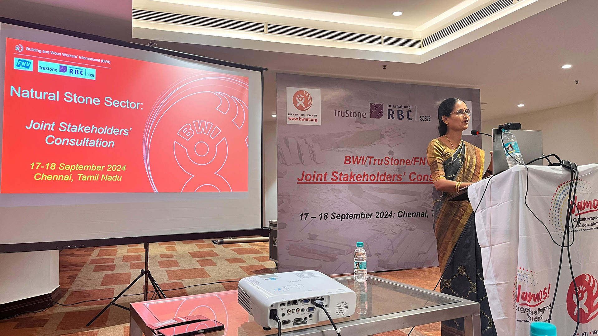 Dr. Bhuvaneshwari Nanjappan, President of the Tamil Nadu Congress Thozhilalar Union (TCTU) presents during the two-day consultation meeting in Chennai 